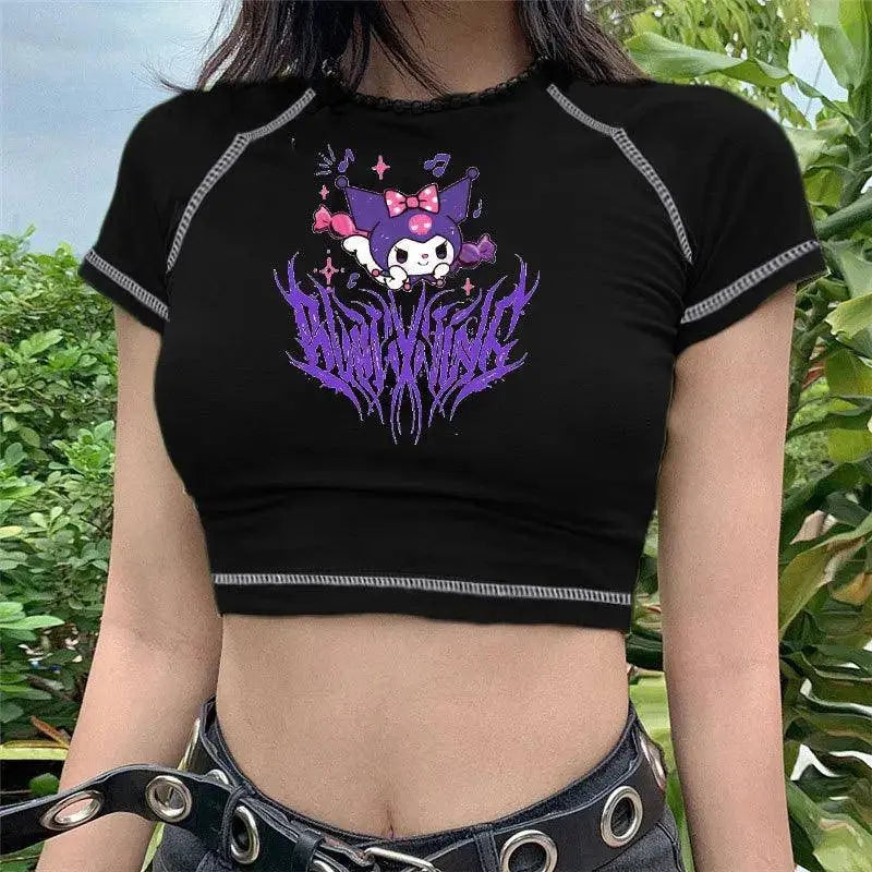 Sanrio Kuromi Short Sleeves Punk Style Vintage Fashion Print Short Expose Navel T-shirt Summer Girls Y2k Sexy Style Clothes Gift black 1 - Tophatter Daily Deals