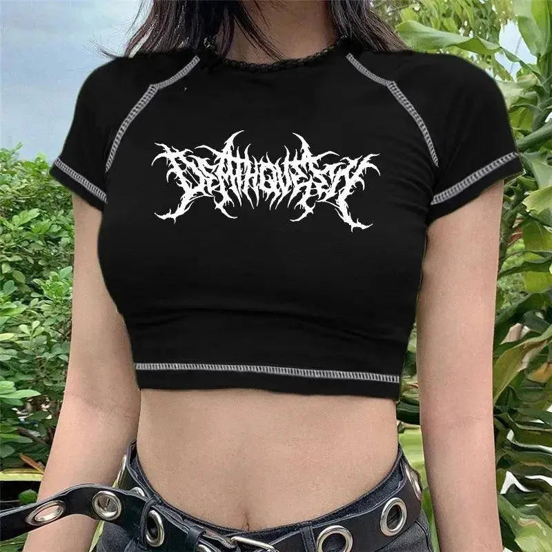 Sanrio Kuromi Short Sleeves Punk Style Vintage Fashion Print Short Expose Navel T-shirt Summer Girls Y2k Sexy Style Clothes Gift - Tophatter Daily Deals