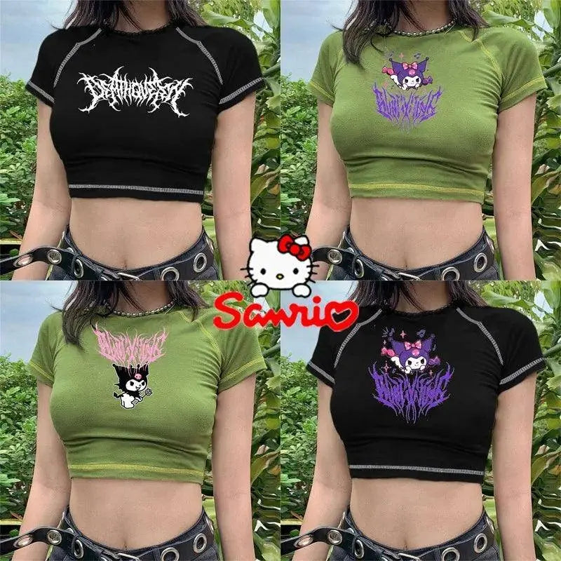Sanrio Kuromi Short Sleeves Punk Style Vintage Fashion Print Short Expose Navel T-shirt Summer Girls Y2k Sexy Style Clothes Gift - Tophatter Daily Deals
