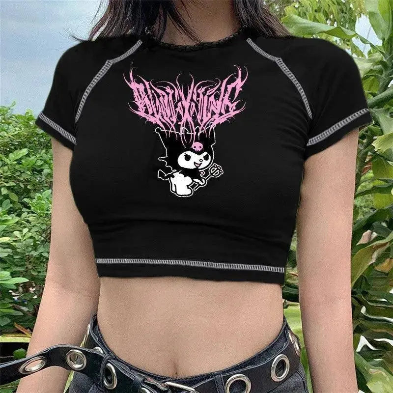 Sanrio Kuromi Short Sleeves Punk Style Vintage Fashion Print Short Expose Navel T-shirt Summer Girls Y2k Sexy Style Clothes Gift - Tophatter Daily Deals