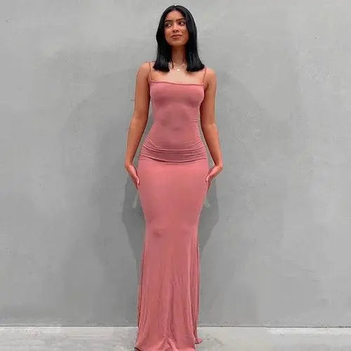 Satin Slip Sleeveless Backless Maxi Dress Women 2025 Y2K Summer Pink clothing - Tophatter Daily Deals