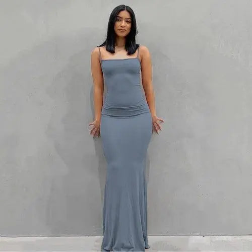 Satin Slip Sleeveless Backless Maxi Dress Women 2025 Y2K Summer Blue clothing - Tophatter Daily Deals
