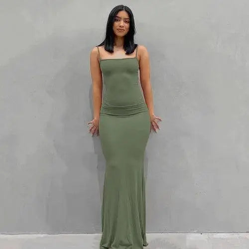 Satin Slip Sleeveless Backless Maxi Dress Women 2025 Y2K Summer Green clothing - Tophatter Daily Deals