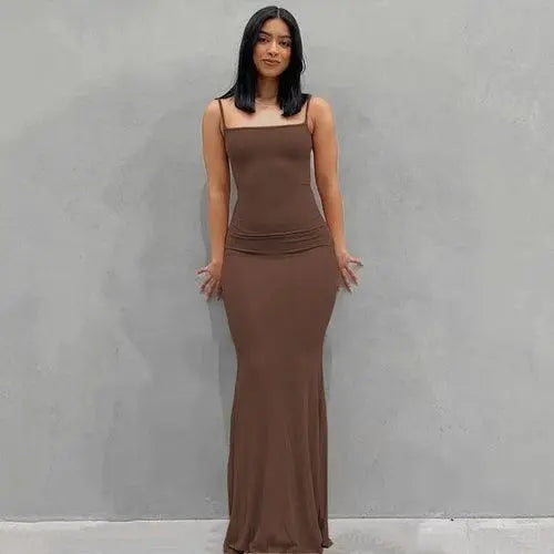 Satin Slip Sleeveless Backless Maxi Dress Women 2025 Y2K Summer Brown clothing - Tophatter Daily Deals