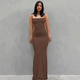 Satin Slip Sleeveless Backless Maxi Dress Women 2025 Y2K Summer Brown clothing - Tophatter Daily Deals