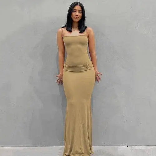 Satin Slip Sleeveless Backless Maxi Dress Women 2025 Y2K Summer Khaki clothing - Tophatter Daily Deals