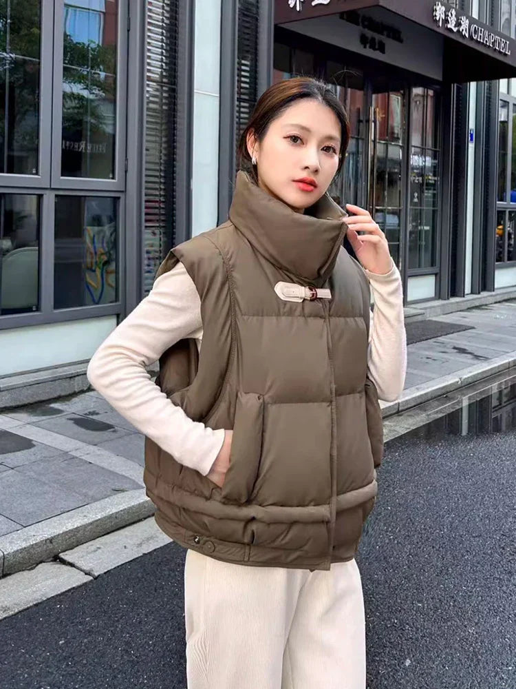Warm Women’s Down Vest - Cropped Boxy, PU, Winter Layering - Tophatter Daily Deals