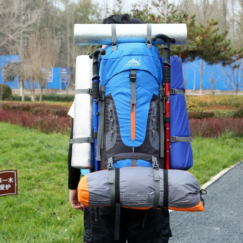 70L Camping Backpack Tear-Resistant Rucksack Blue Backpacks - Tophatter Daily Deals