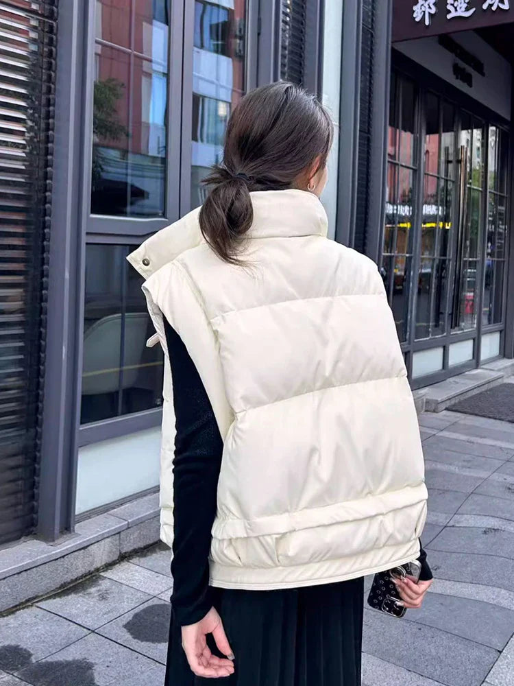Warm Women’s Down Vest - Cropped Boxy, PU, Winter Layering - Tophatter Daily Deals