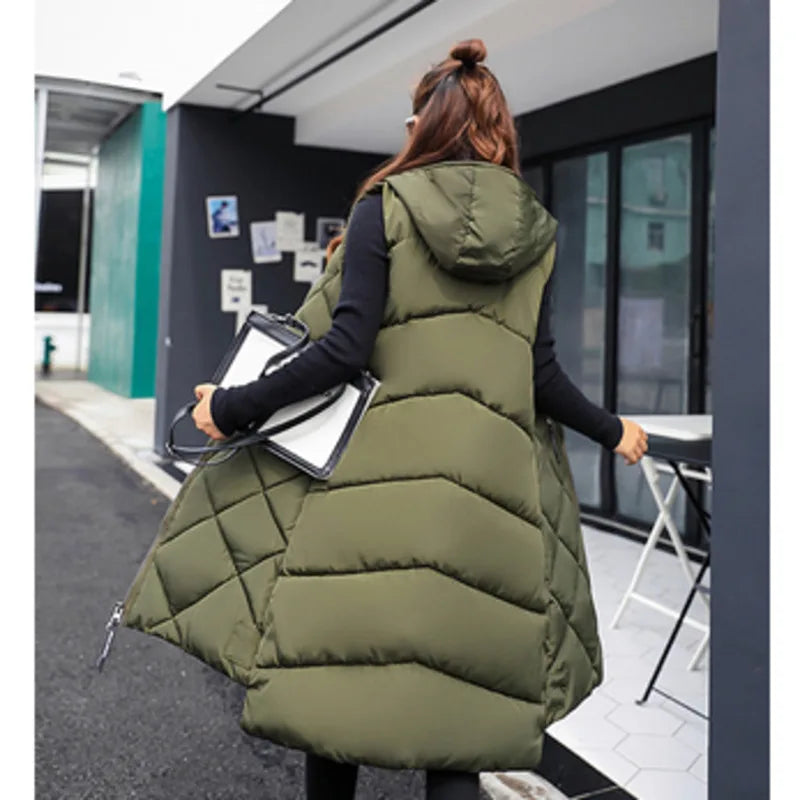 Lightweight Women's Long Puffer Vest - Hooded Cotton Winter - Tophatter Daily Deals