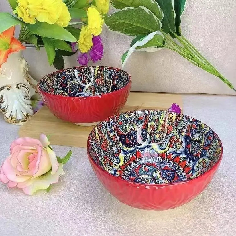 Bohemian Ceramic Bowls Set Floral Serving Bowls Versatile - Tophatter Daily Deals