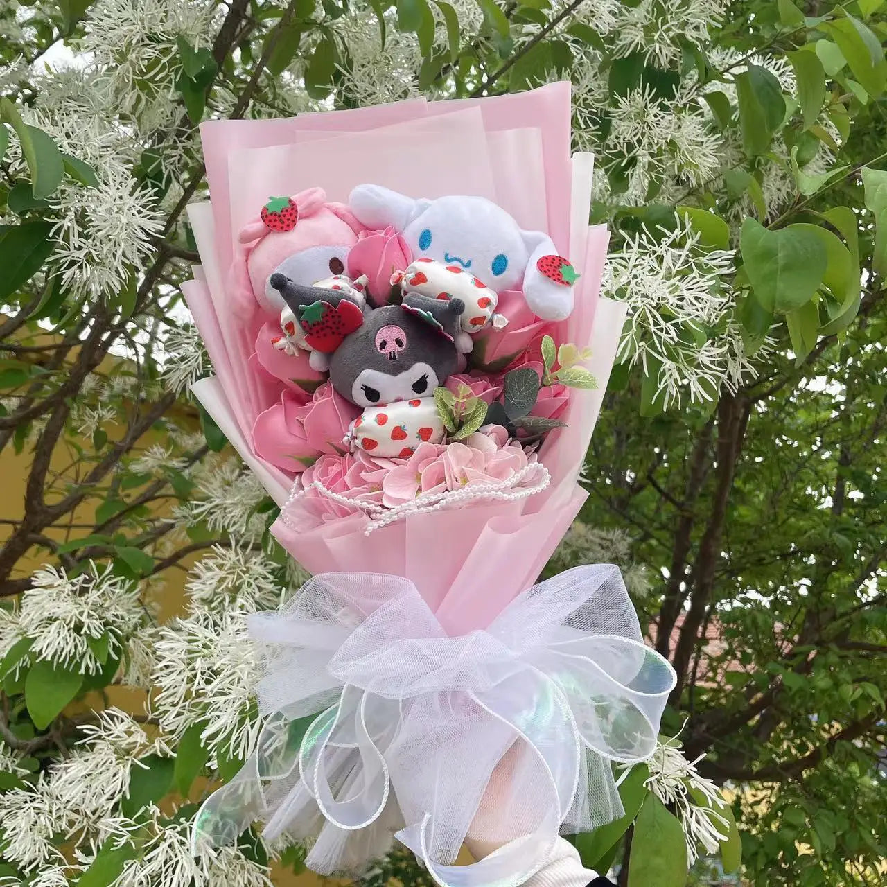 Sanrio Plush Bouquet My Melody Kuromi Cinnamoroll Hello Kitty Sanrio Friends x Baby Pink Flowers - Tophatter Daily Deals
