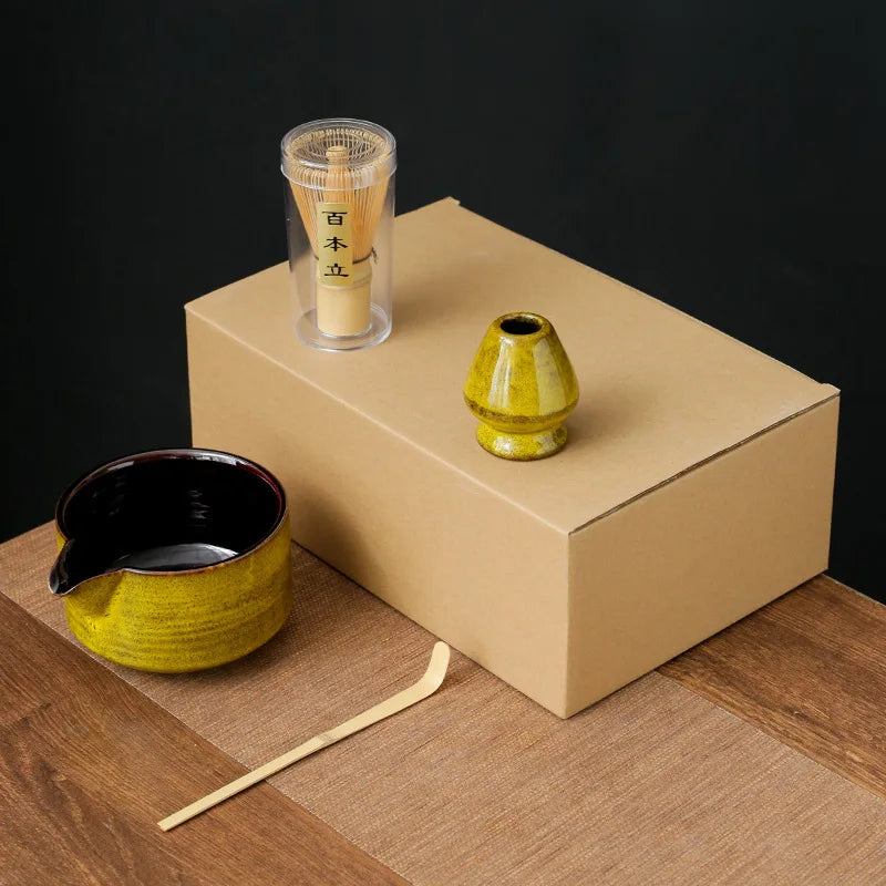 Matcha Tea Set Handmade Pottery Bowl Bamboo Whisk Kit 4pcs yellow paper bo - Tophatter Daily Deals