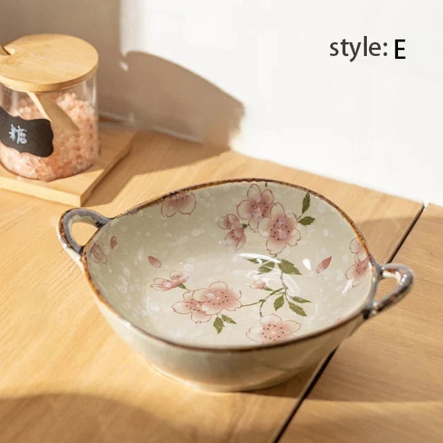 Ceramic Noodle Bowl 7.5 Inch Dual Handle Floral Bowl E - Tophatter Daily Deals