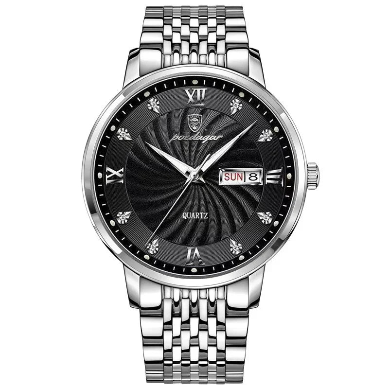 Quartz Wristwatch Stainless Steel Luminous Date Week 827 Silver Black S - Tophatter Daily Deals