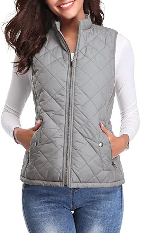 Lightweight Women Quilted Vest - Stand Collar Cotton Winter Gray - Tophatter Daily Deals