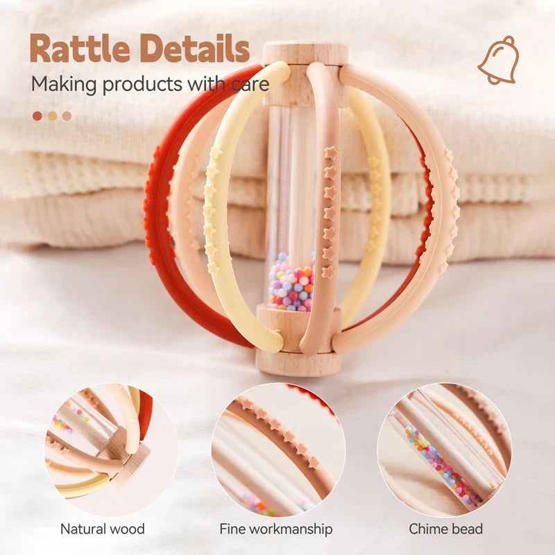 Baby Rattle Silicone Teether Wooden Newborn Sensory Toys - Tophatter Daily Deals