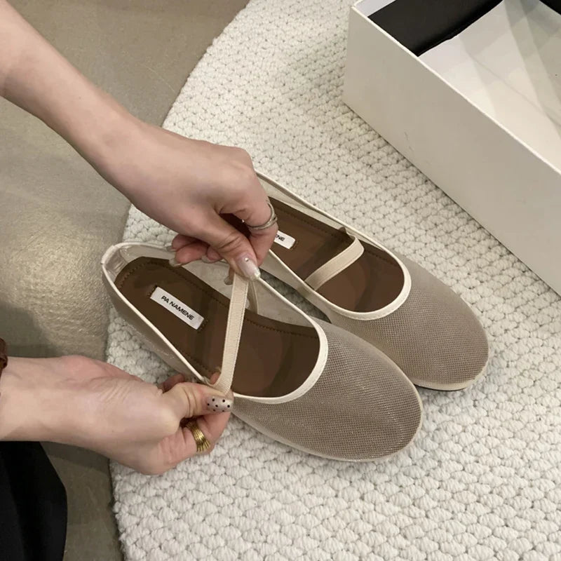 Lightweight Women’s Mary Jane Flats - Shallow Mesh, Casual Apricot - Tophatter Daily Deals