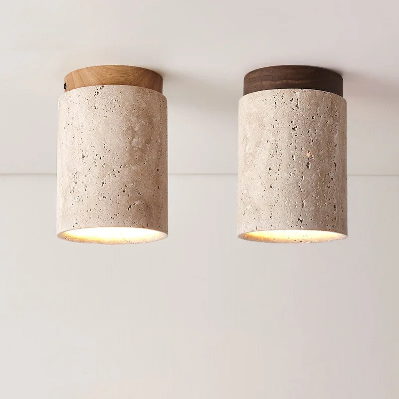Japandi Travertine Ceiling Light Wood Cap Round Mid Century Lamp - Tophatter Daily Deals