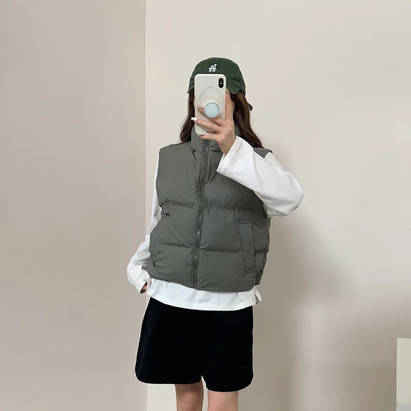 Lightweight Women's Down Vest - Cropped Boxy, Duck Fill Army Green - Tophatter Daily Deals