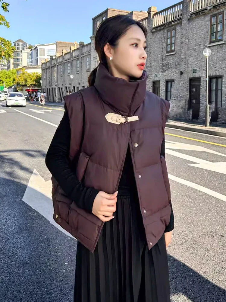 Warm Women’s Down Vest - Cropped Boxy, PU, Winter Layering - Tophatter Daily Deals