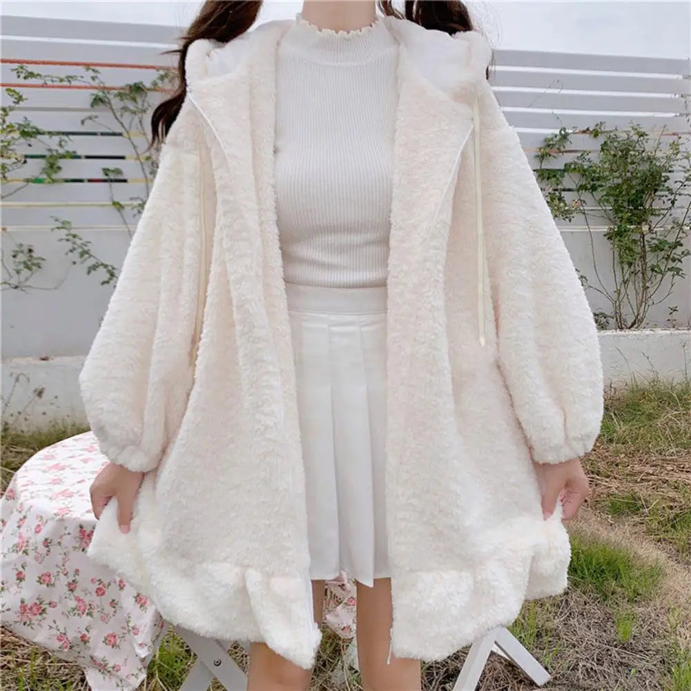 Hoodie Winter Bunny Ears White Black Pink Sweatshirt Long Sleeve Zip Up Hoodies Animals - Tophatter Daily Deals