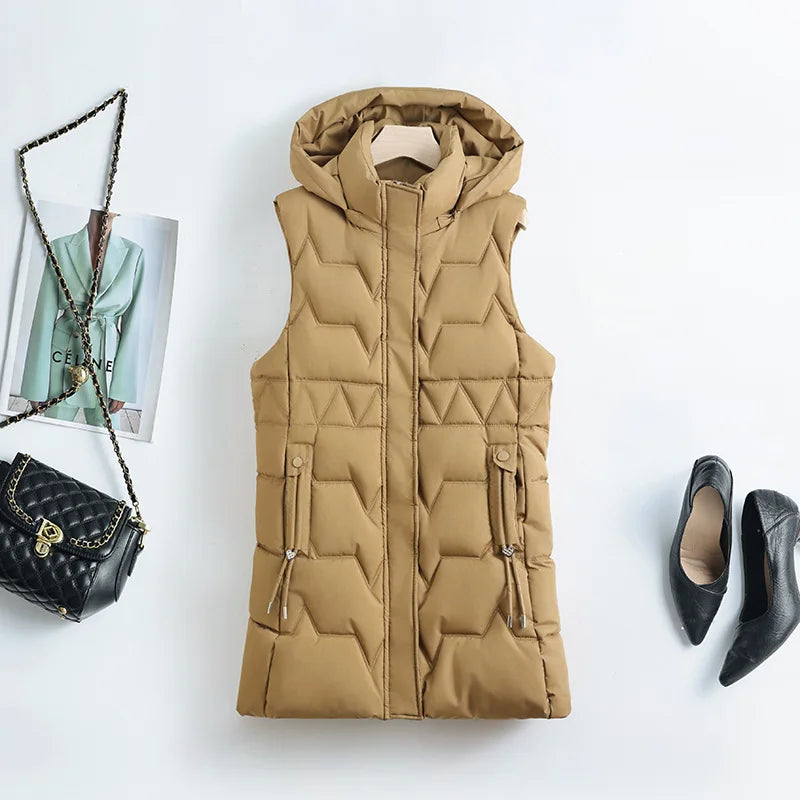 Lightweight Cozy Women Long Puffer Vest - Hooded Down Khaki - Tophatter Daily Deals