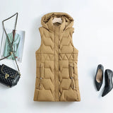 Lightweight Cozy Women Long Puffer Vest - Hooded Down Khaki - Tophatter Daily Deals