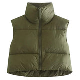Warm Women’s Puffer Vest - Cropped Boxy, Polyester, Winter Army Green - Tophatter Daily Deals
