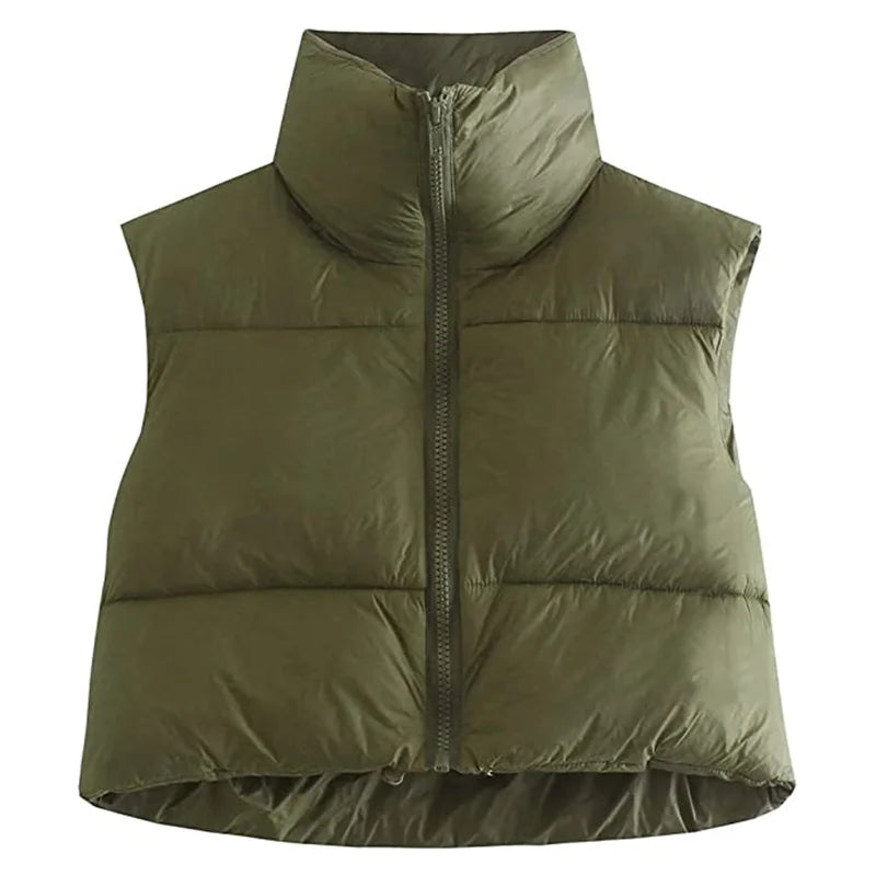 Warm Women’s Puffer Vest - Cropped Boxy, Polyester, Winter Army Green - Tophatter Daily Deals