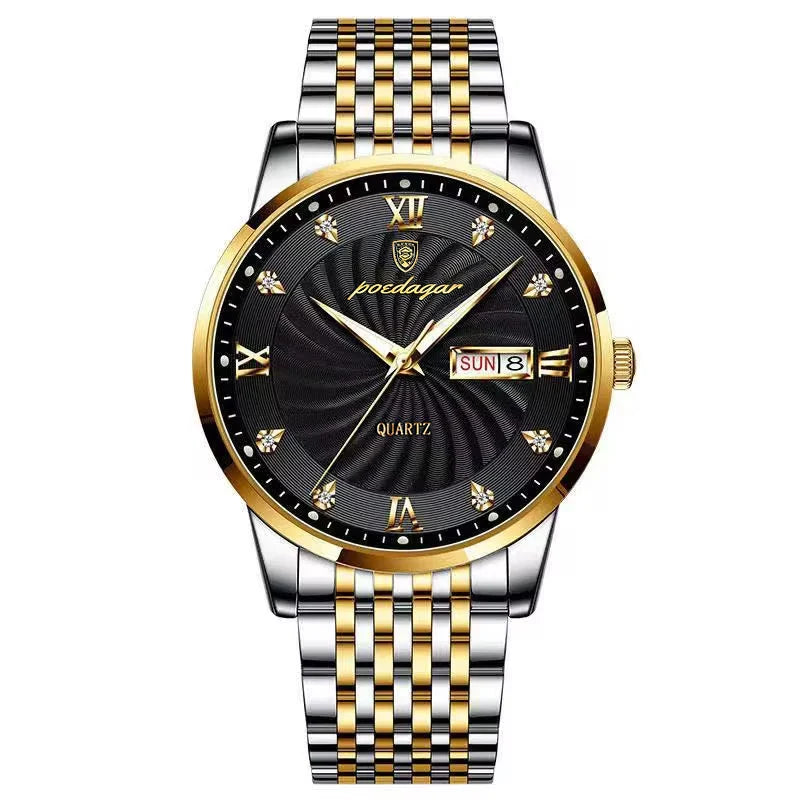 Quartz Wristwatch Stainless Steel Luminous Date Week 827 Gold Black S - Tophatter Daily Deals