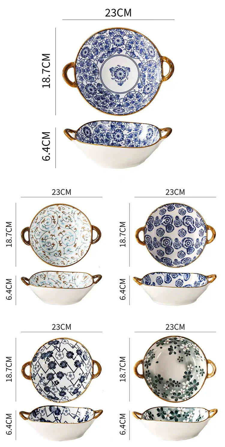 7.5 Inch Japanese Ceramic Noodle Bowl With Handles Blue - Tophatter Daily Deals