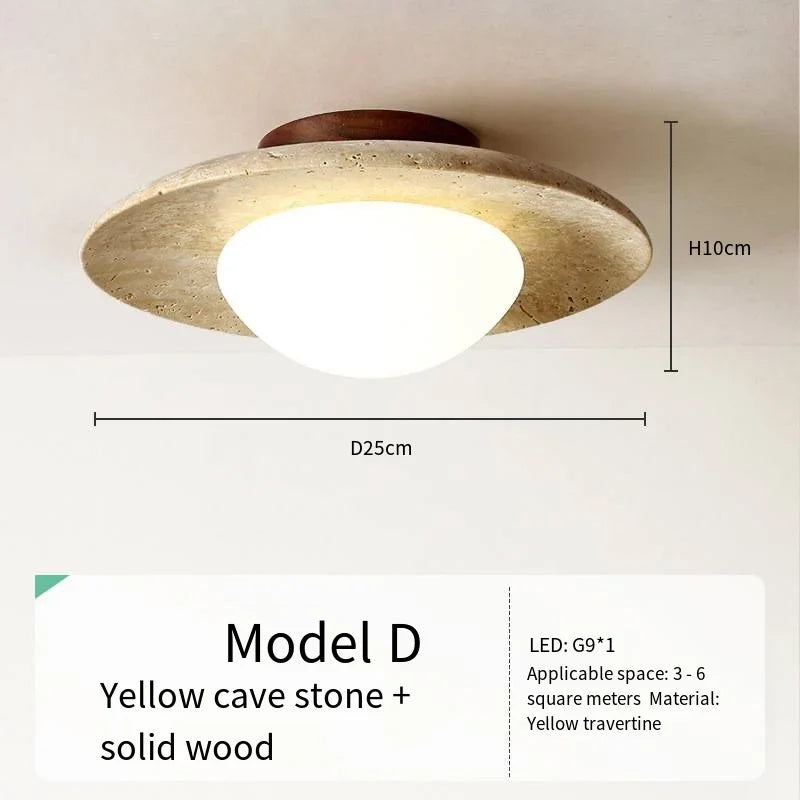 Japandi Travertine Ceiling Light Wood Cap Round Mid Century Lamp D-01 - Tophatter Daily Deals