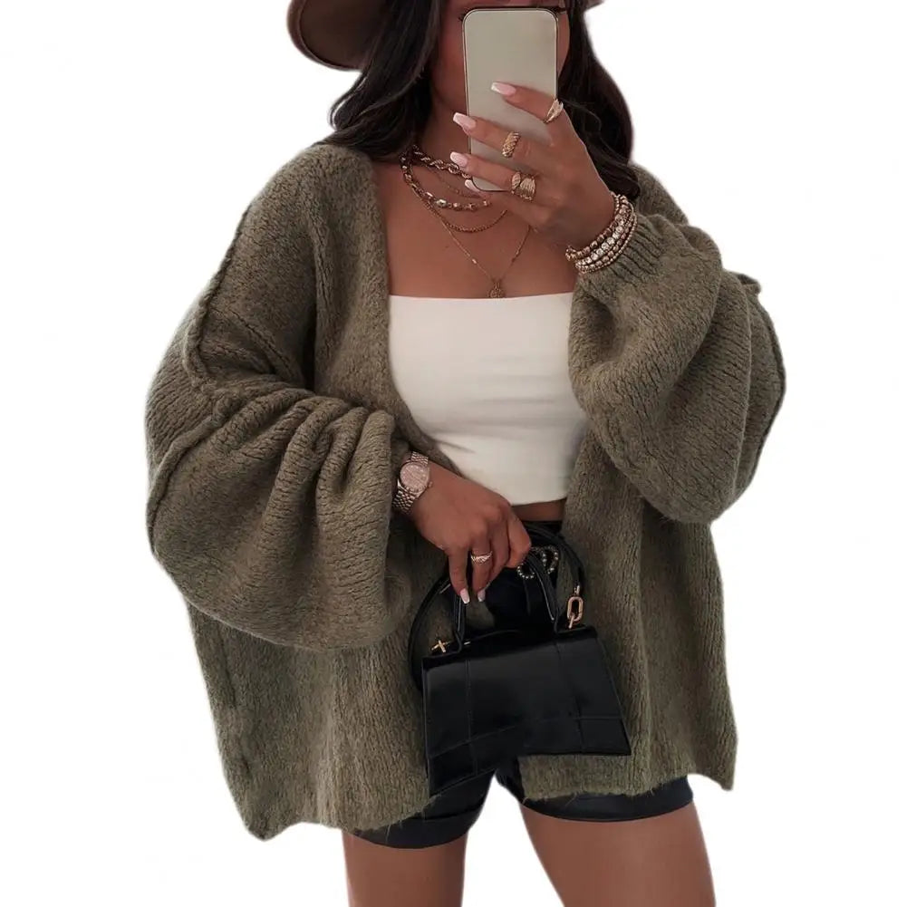 Oversized Women’s Cardigan - Open Front Chunky Knit, Fall Green - Tophatter Daily Deals