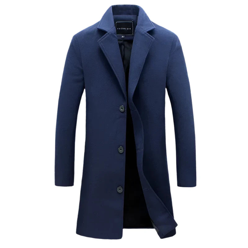 Men's Cotton Wool Blend Long Windbreaker Coat (Black Navy) Apparel & Accessories > Clothing > Outerwear > Coats & Jackets > Overcoats - Tophatter Daily Deals