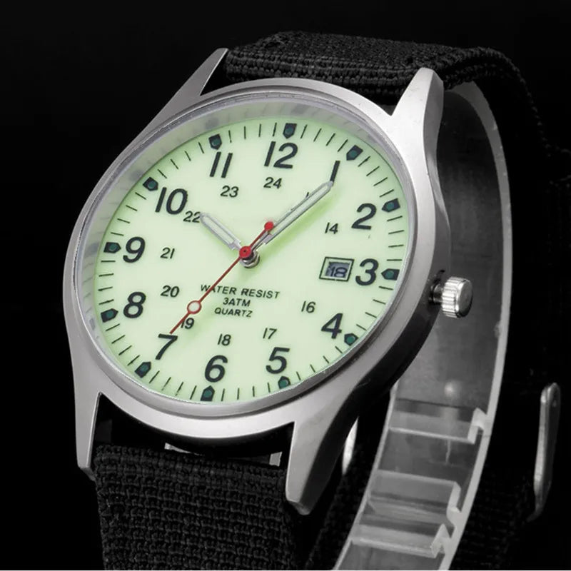 Quartz Field Watch Nylon Strap Military Style Date Luminous Black fluorescent - Tophatter Daily Deals