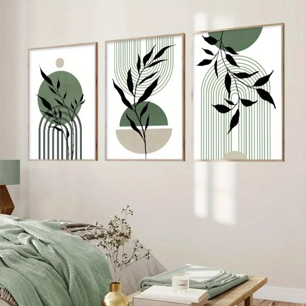 Sage Green Boho Wall Art Set 3Pc Mid Century Prints - Tophatter Daily Deals