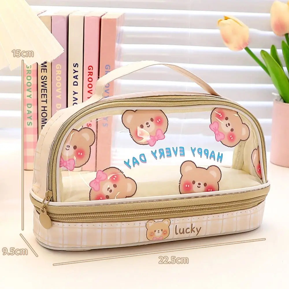 Kawaii Double Layer Pencil Case Large Transparent Stationery Brown Bears Animals - Tophatter Daily Deals