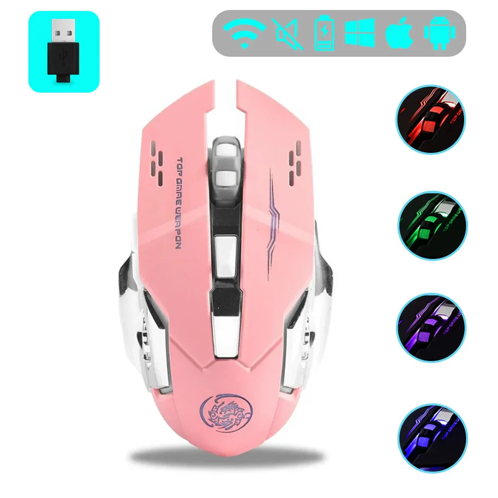 Wireless Gaming Mouse Rechargeable Silent RGB Backlight pink 2.4G - Tophatter Daily Deals