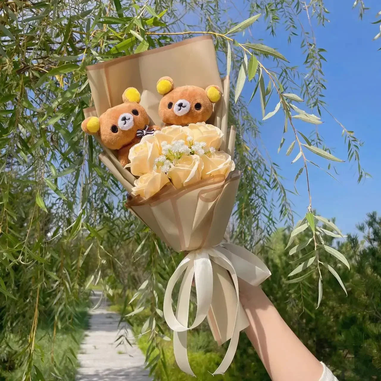 San-X Rilakkuma Korilakkuma Teddy Bear Plush Toy Flower Bouquet Gift Box San-x Rilakkuma - Brown Flowers - Tophatter Daily Deals