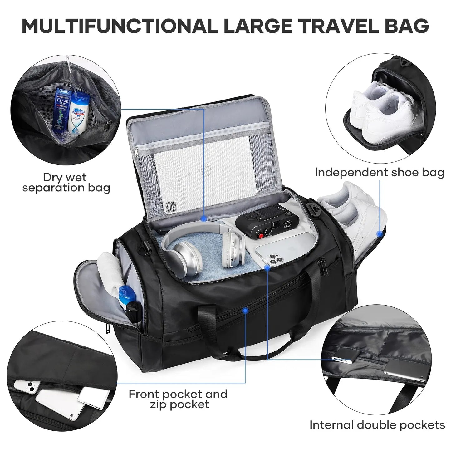 40L Foldable Sports Gym Travel Duffel Bag Black Duffel Bags - Tophatter Daily Deals