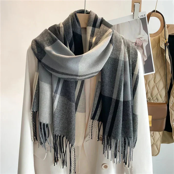 Oversized Women’s Check Scarf - Soft Wool, Fringed Winter Gray - Tophatter Daily Deals