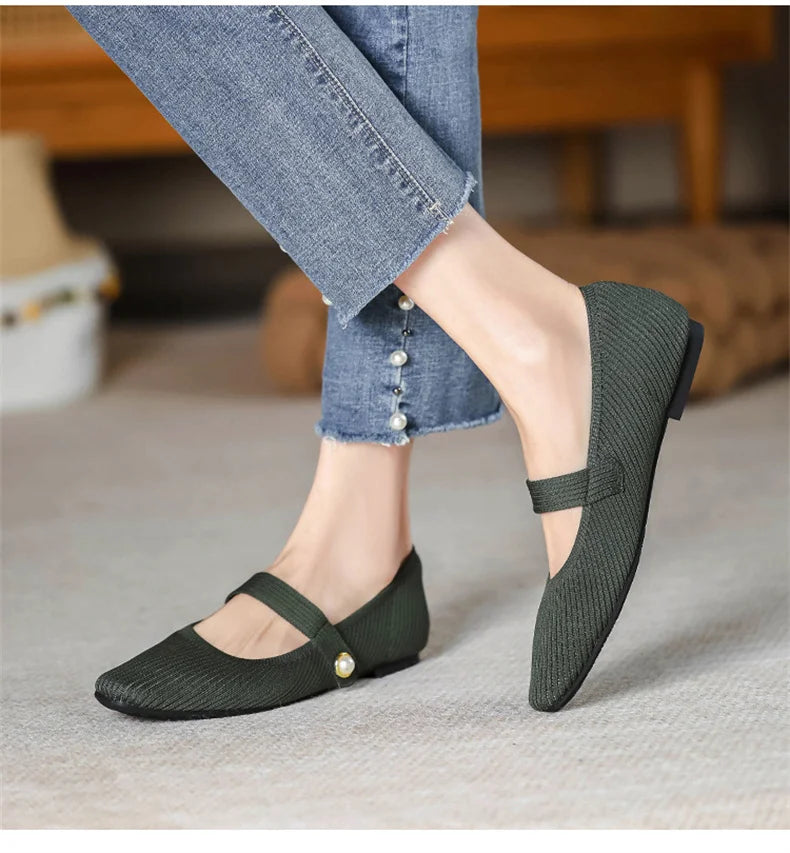 Stretchy Women Mary Jane Flats - Ribbed Knit For Spring - Tophatter Daily Deals