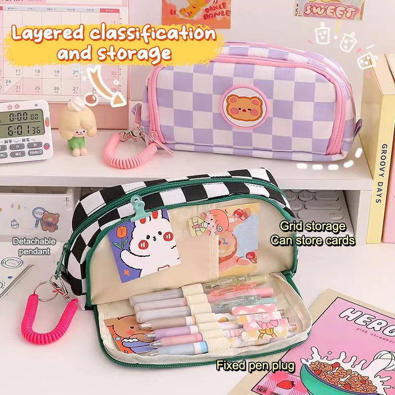 Kawaii Checkerboard Pencil Case Large Capacity Animals - Tophatter Daily Deals