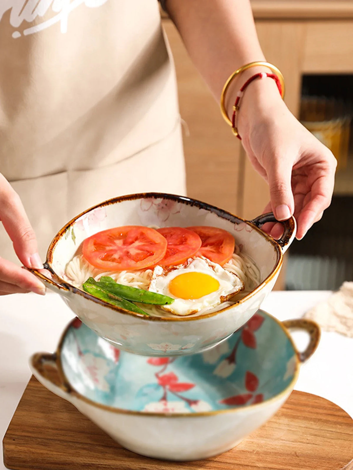 Ceramic 7.5 Inch Noodle Bowl With Handles Floral Porcelain - Tophatter Daily Deals
