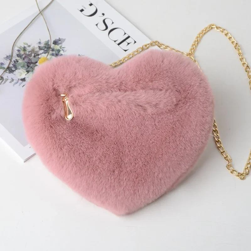 Faux Fur Heart Bag Furry With Gold Chain Handbag Crossbody Mythical - Tophatter Daily Deals