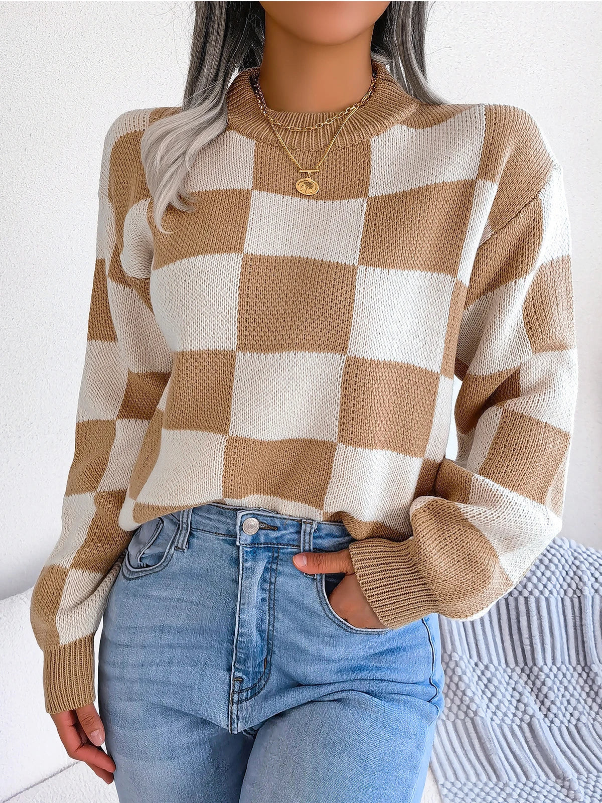 Oversized Cozy Women's Knit Sweater - Checkered, Soft Khaki - Tophatter Daily Deals