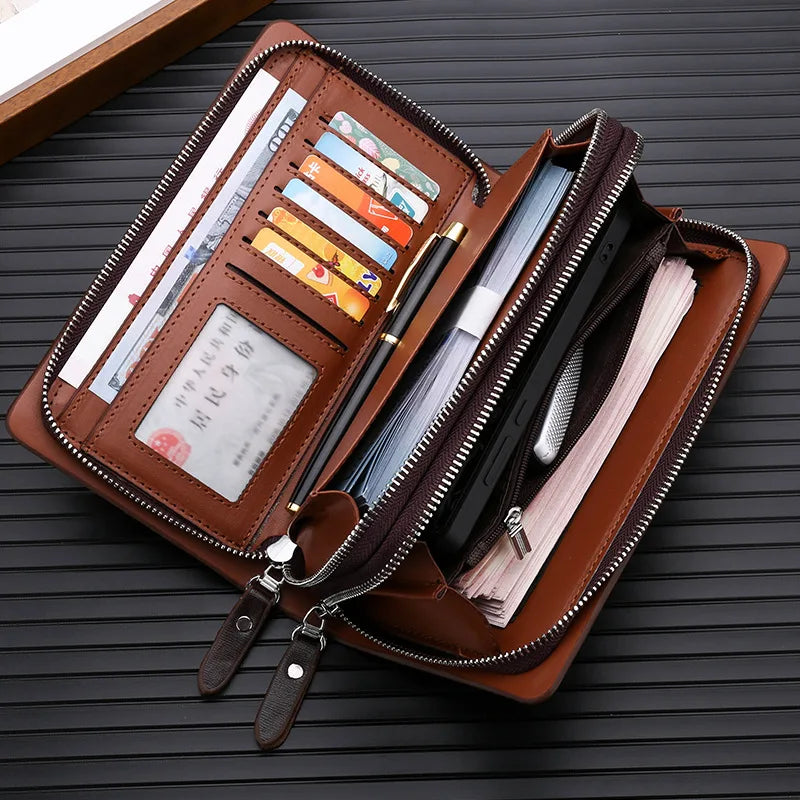 Men Leather Clutch Bag Double Zipper Business (Brown) Apparel & Accessories > Handbags, Wallet's & Cases > Clutch Bags - Tophatter Daily Deals