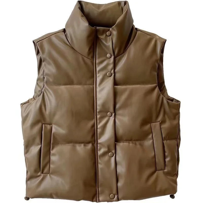Warm Women’s PU Leather Vest - Padded Short, For Winter - Tophatter Daily Deals