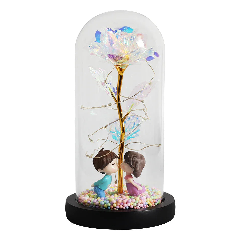 Beauty & The Beast Eternal Red Rose In Glass Dome with LED Lights Crystal Flowers - Tophatter Daily Deals